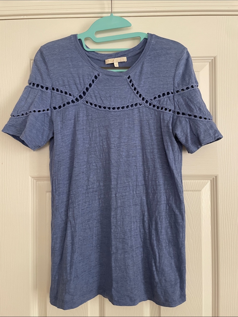 Maje blue linen top with crochet detail